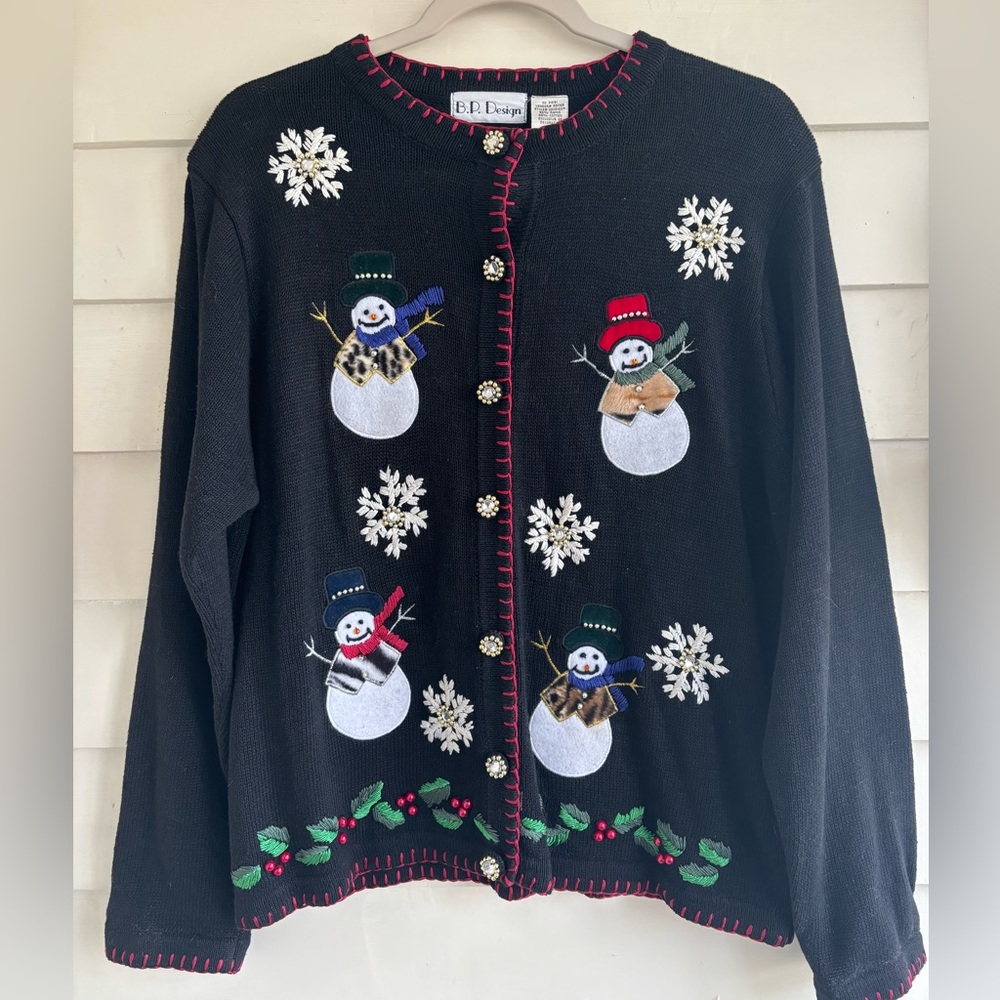 B.P. Design Snowman Christmas Sweater with Holly Berries Size Large